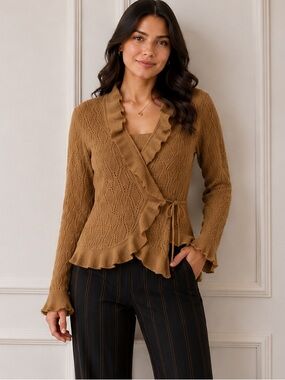 Ruffle Wrap Cardigan Sweater - Camel